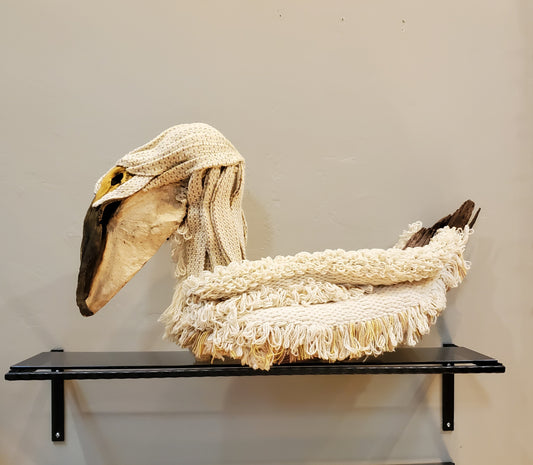 White Pelican Sculpture | 1' W x 3' L x 1.5' D | SOLD, Custum Commissioned Work Available, Fiber Art in Door County Wisconsin