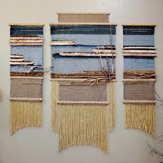 "Bay and Bluff Triptych | SOLD | Commissioned Work Available | Fiber Art Gallery, Door County