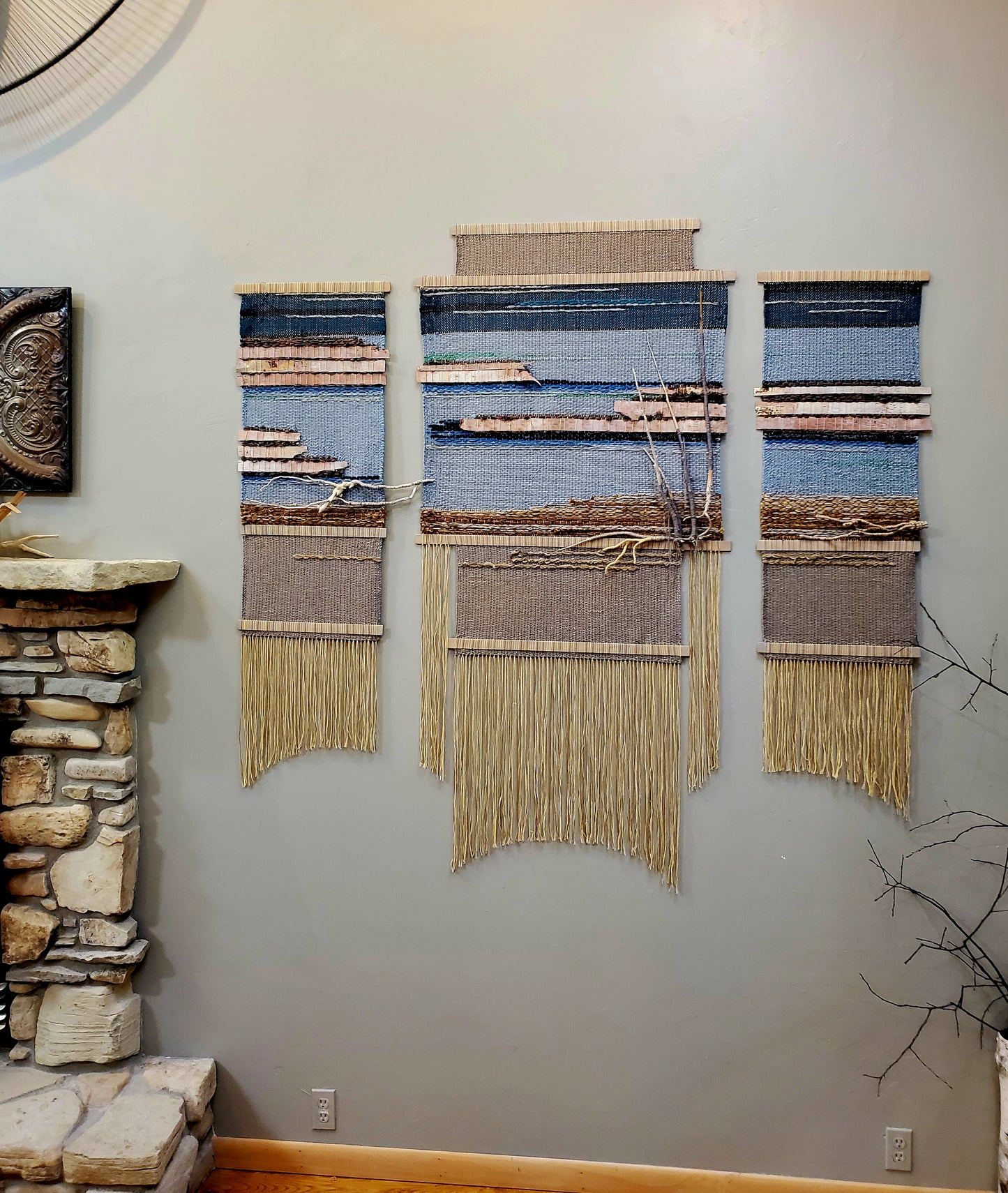 "Bay and Bluff Triptych | SOLD | Commissioned Work Available | Fiber Art Gallery, Door County