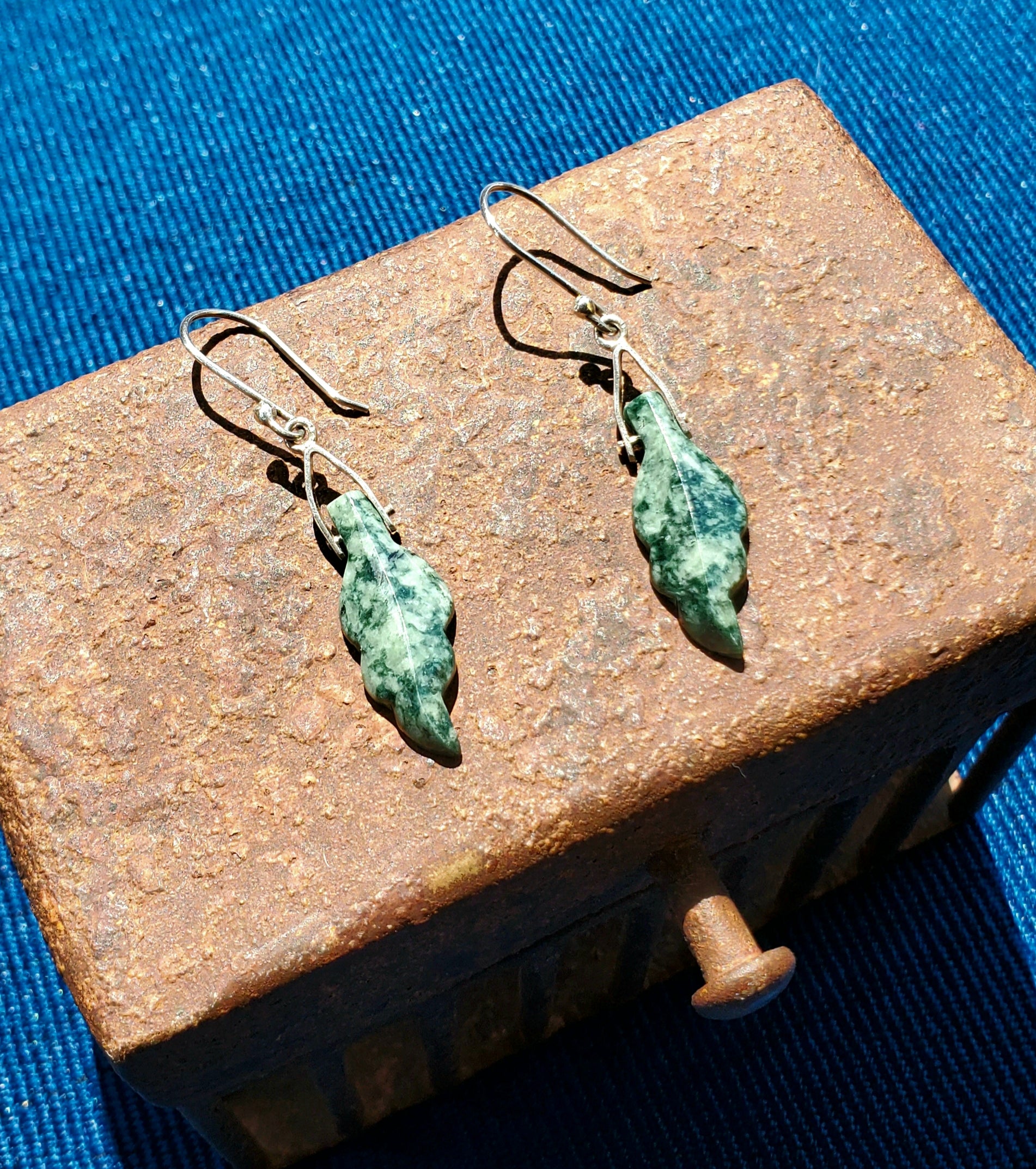Jade earrings, mayan style jewelry, jadeite earrings, green earrings, silver and jade jewelry, texture, roasted texture, jadeite and roast, leaves earrings