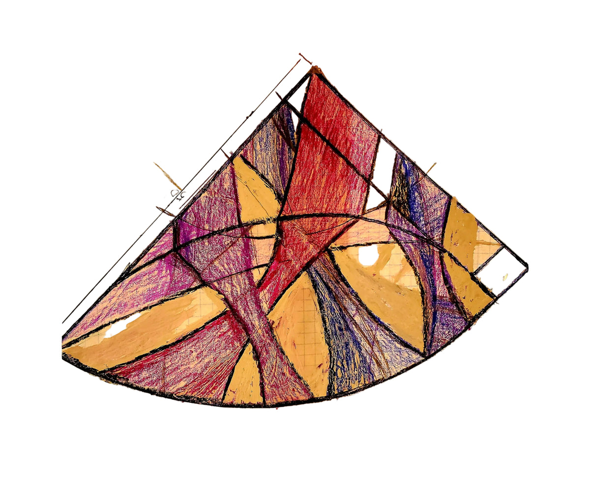 A stained-glass-style fan-shaped panel drawing on graph paper, with intersecting geometric sections filled in with purple, magenta, blue, and tan colored pencil or crayon.